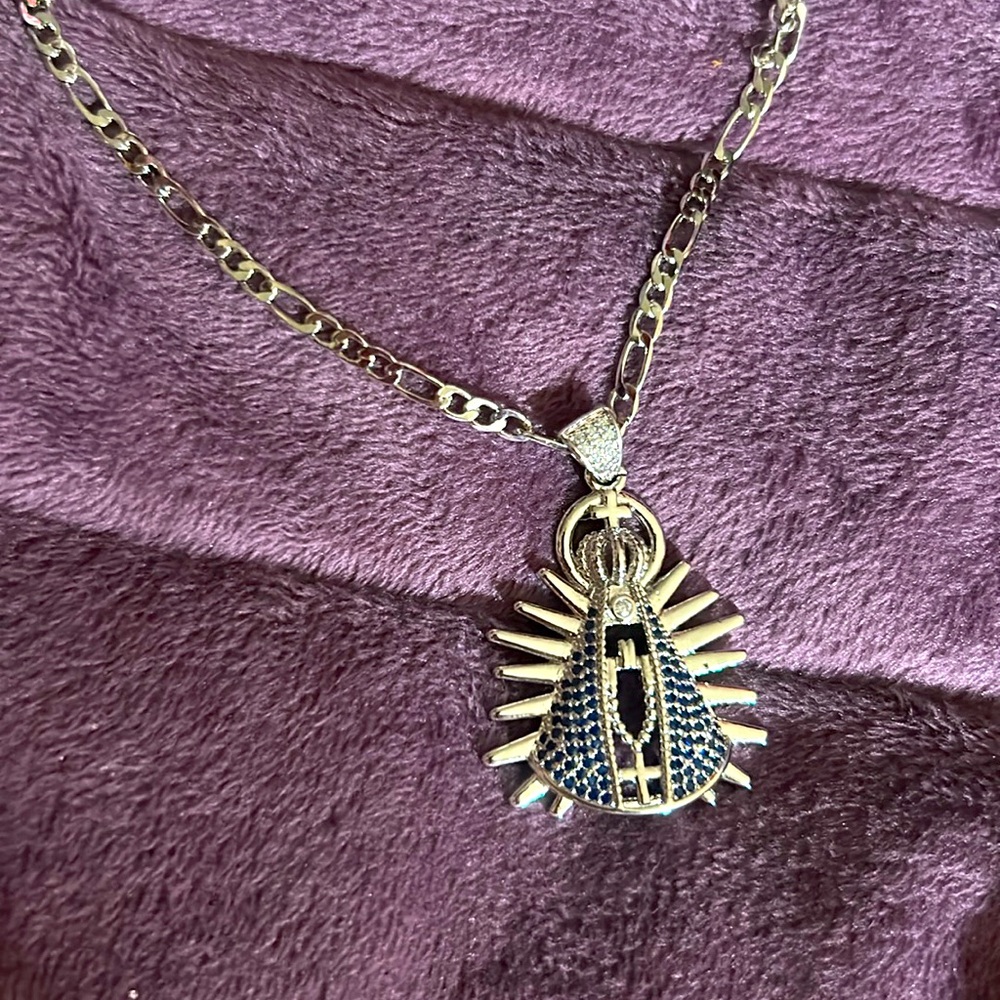 Religious pendent and 18” chain combo white gold blue diamonds and white VVSC